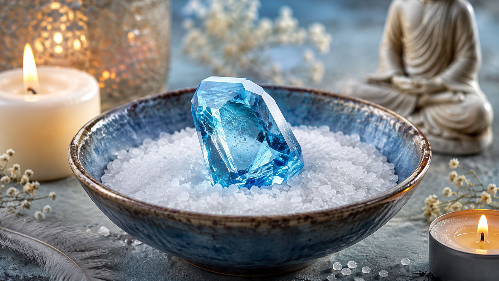 Coloca un trozo de paño azul sobre un cuenco de sal y pon el Topacio Azul encima durante un par de horas al caer la tarde. La sal atraerá y atrapará el cansancio acumulado en el amuleto sin entrar en contacto directo con su delicada superficie.