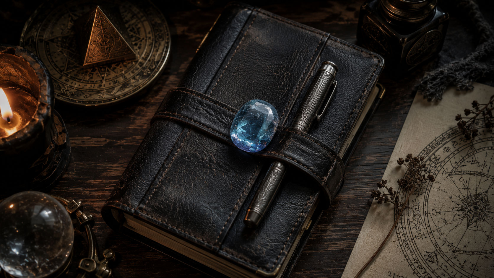 Piedra de Topacio Azul junto a una agenda para infundir determinación y claridad en la planificación.
