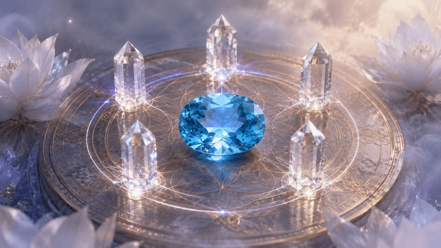 Rodea el Topacio Azul con un círculo de seis puntas de cuarzo transparente orientadas hacia su núcleo espiritual. Este circuito geométrico amplificará su luz innata, devolviéndole su vibración nativa de máxima elocuencia.
