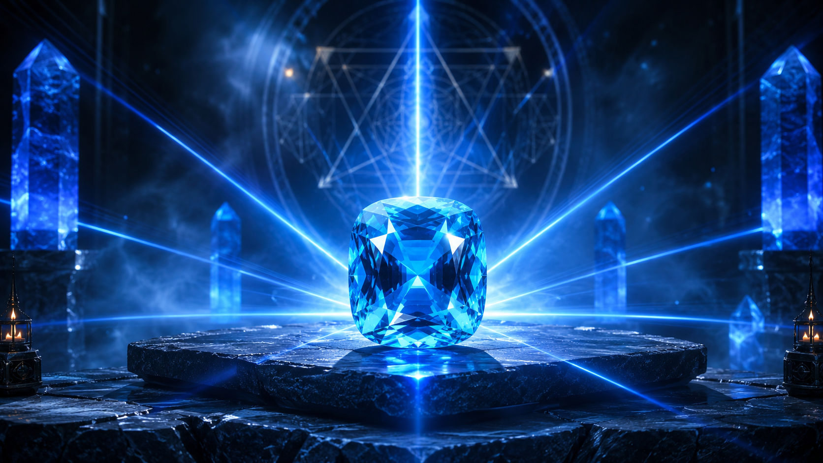 Gema de Topacio Azul proyectando rayos geométricos de luz para enfocar el pensamiento analítico en Umbral Astral.