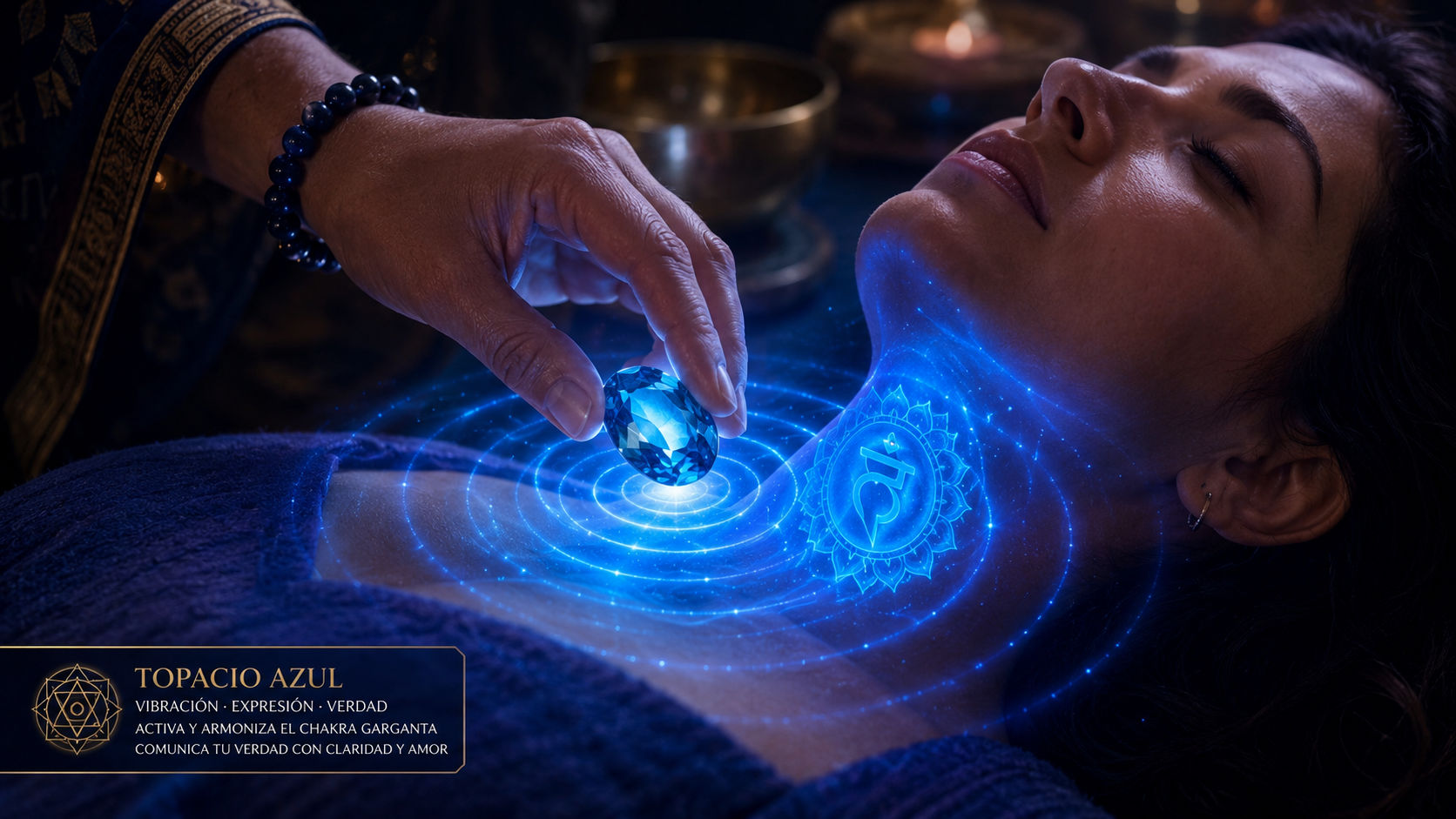 Topacio Azul desbloqueando el chakra de la garganta para potenciar la elocuencia y la verdad.