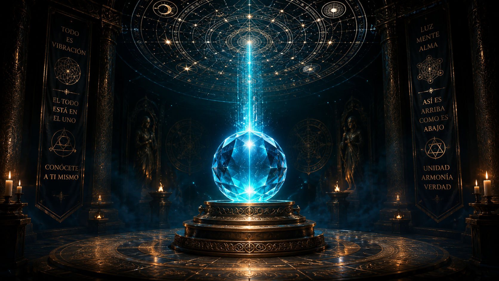 Esfera de Topacio Azul canalizando luz celestial para alinear la voluntad con el propósito superior.