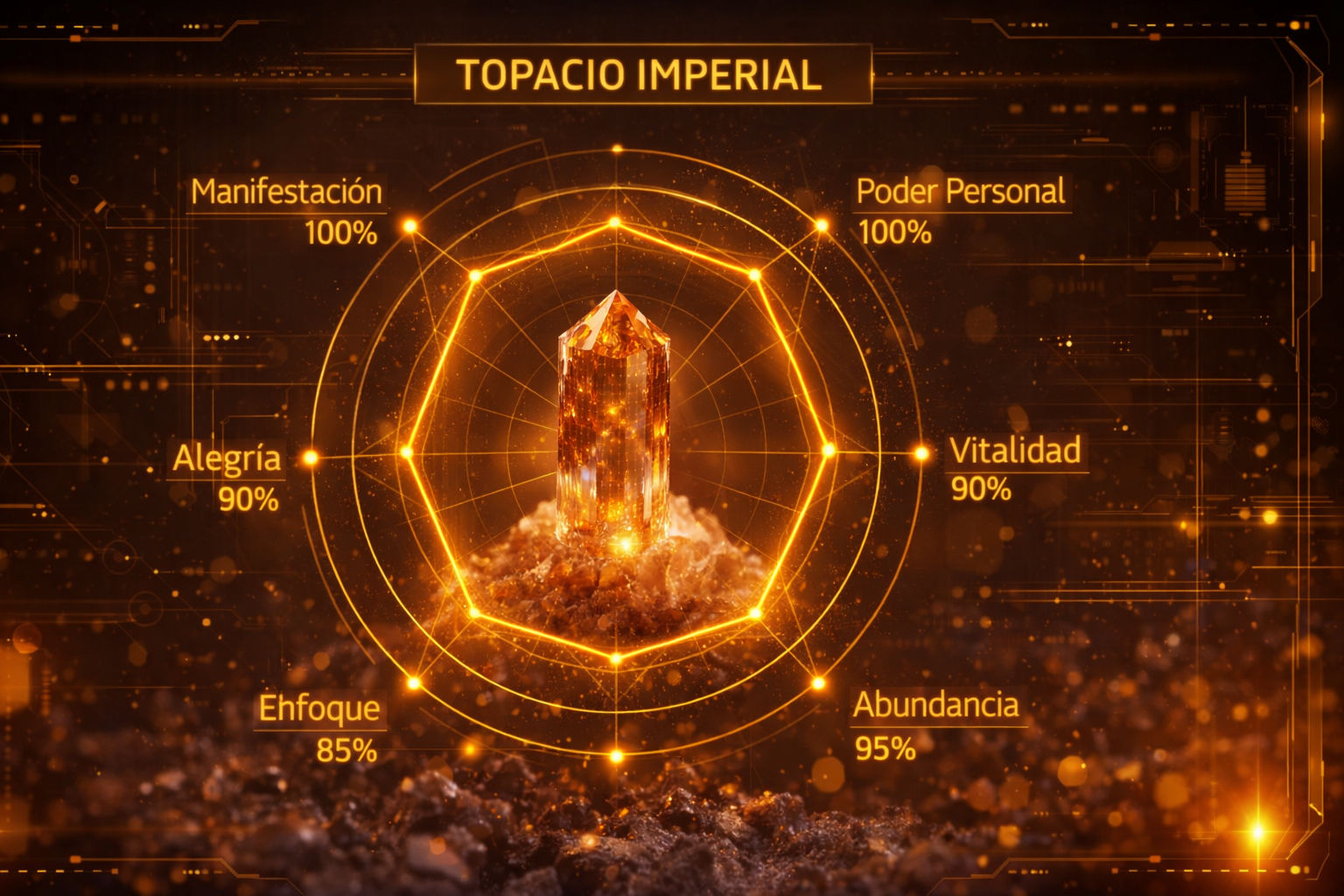 Gráfico de radar del Topacio Imperial destacando su máxima capacidad en manifestación y poder personal.