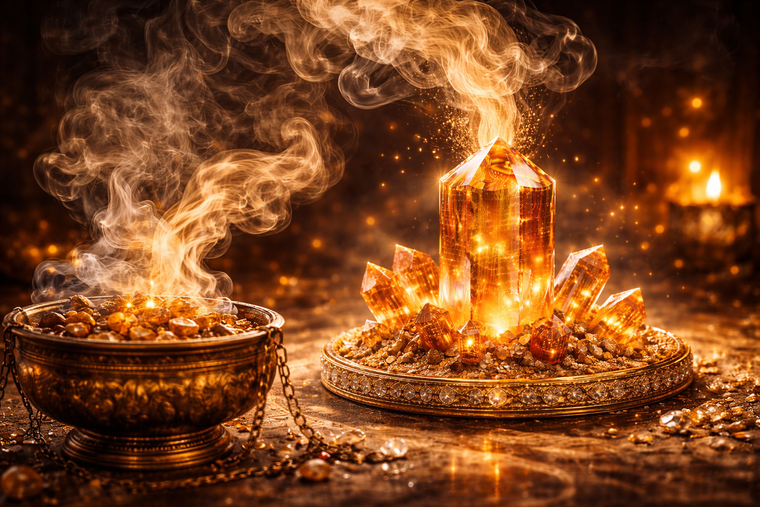 Pasa la piedra por el humo denso del copal para purificar cualquier interferencia que nuble tu carisma. Este método es ideal para mantener la transparencia del cristal, permitiendo que su