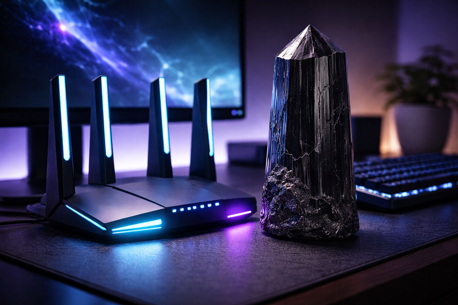 Cristal de Turmalina Negra protegiendo el área de equipos electrónicos y servidores.