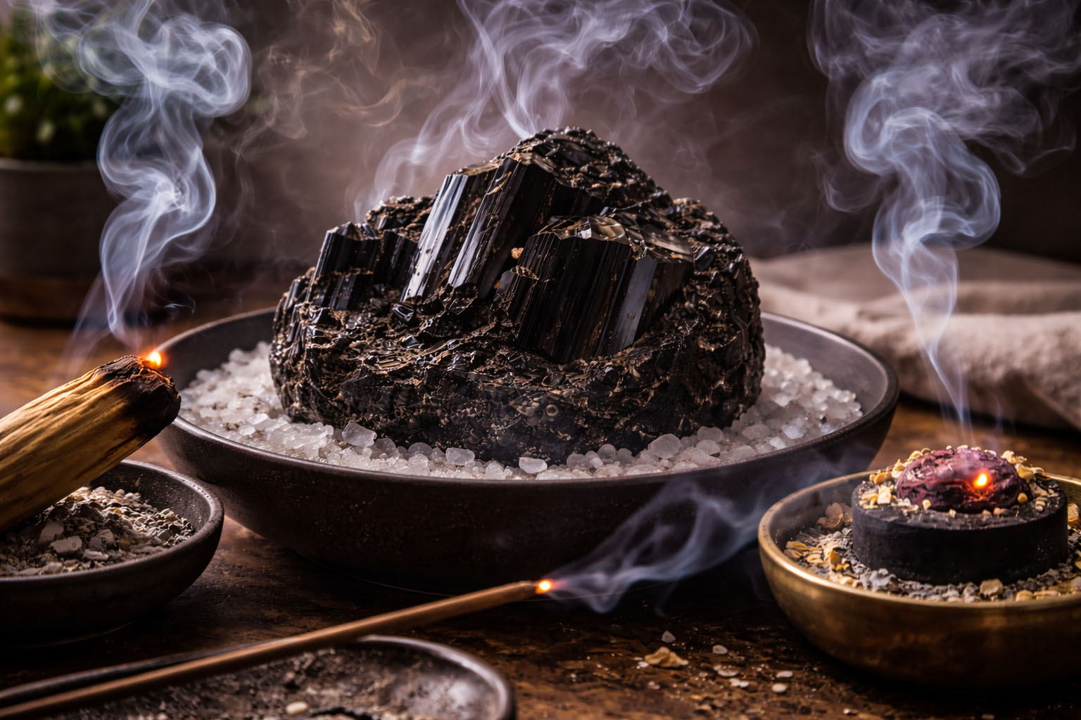 Pasa la piedra repetidamente por el humo de Palo Santo, Ruda o Incienso de Sándalo. Visualiza cómo el humo
