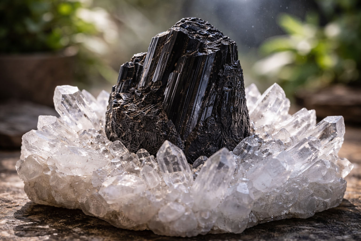 Colócala sobre una drusa de Cuarzo Hialino (Blanco) o una cama de Amatista. Estos cristales actúan como cargadores inalámbricos, transfiriendo energía pura a la Turmalina de forma constante.