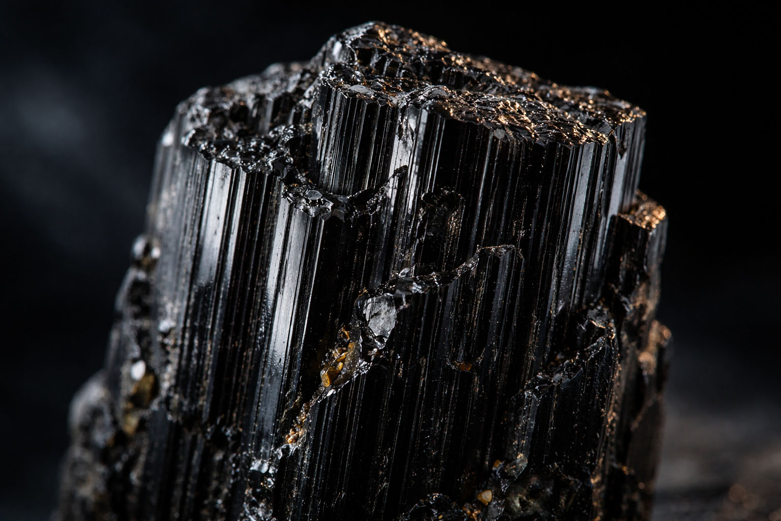Primer plano detallado de las estrías naturales de una Turmalina Negra, mostrando su textura única y brillo vítreo.