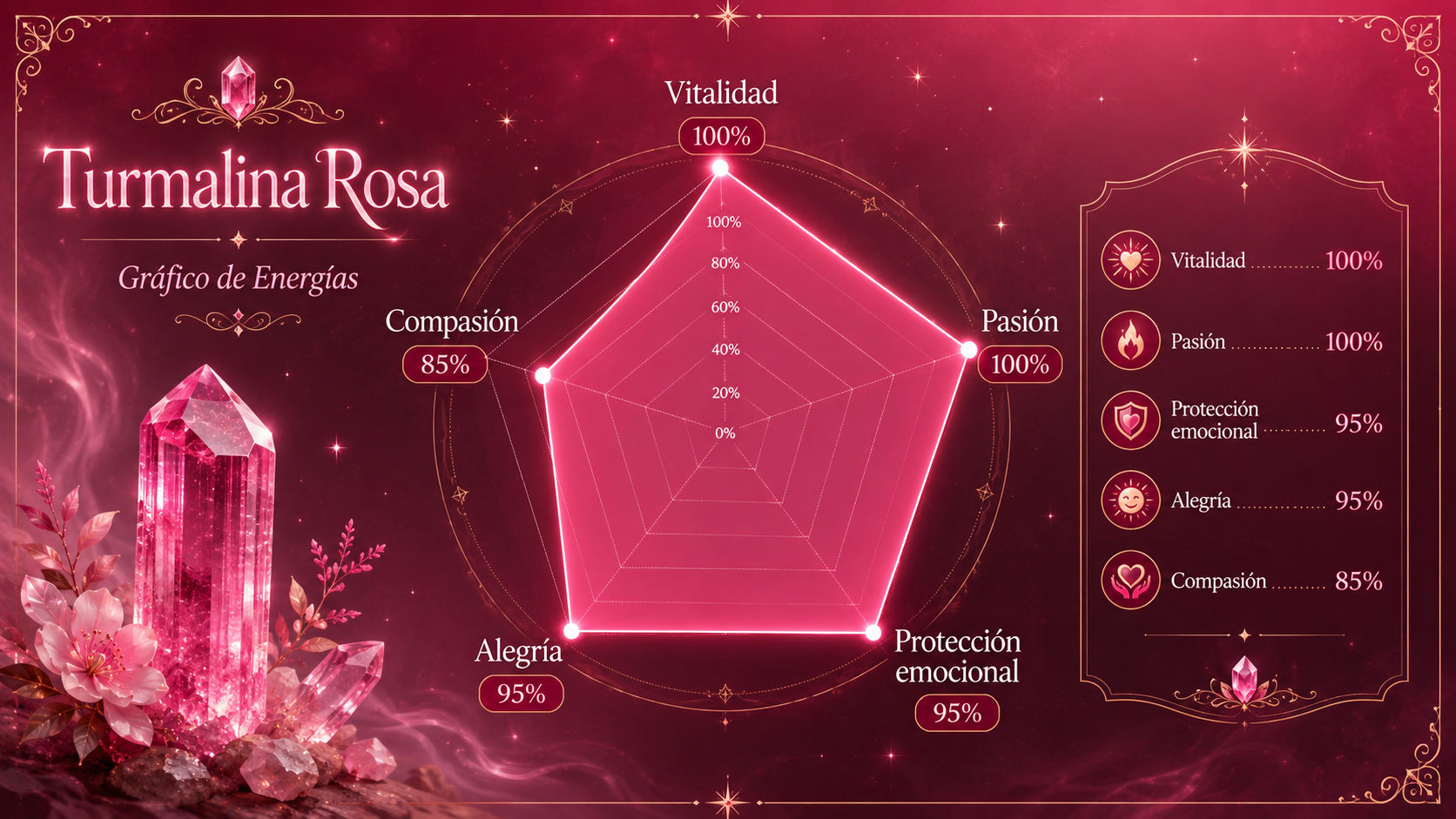 Infografía de resonancia de la Turmalina Rosa destacando su poder en pasión, alegría y protección emocional.