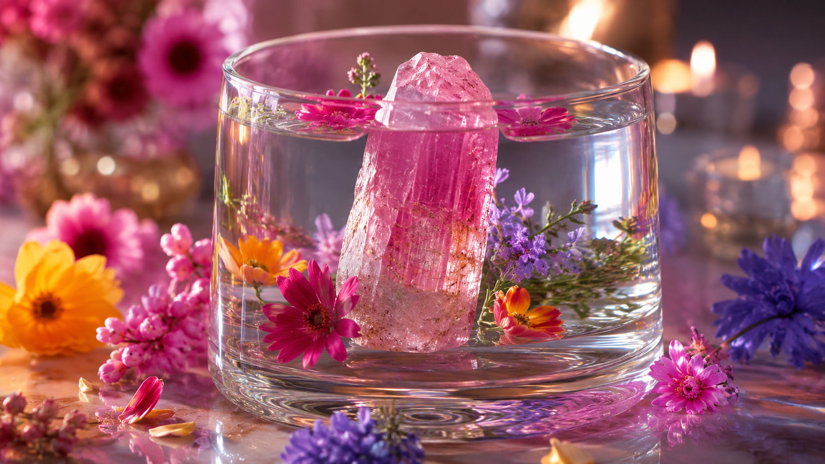 Sumerge la piedra en agua pura con flores de colores vibrantes para refrescar su conexión con la vida.