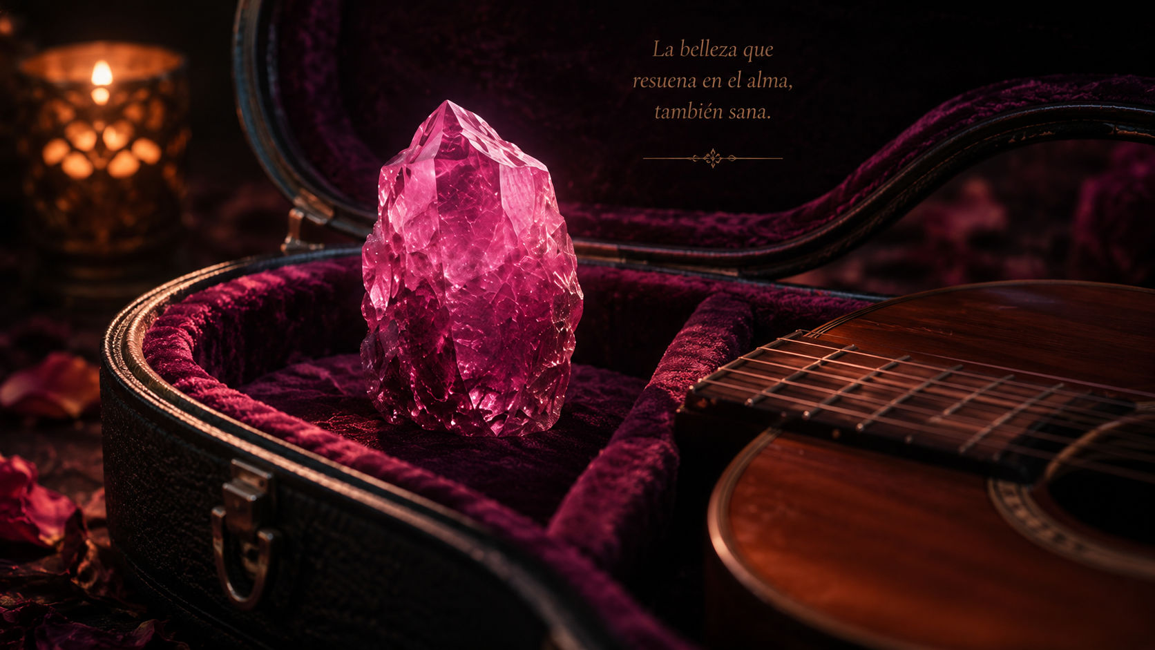 Piedra de Turmalina Rosa resguardada en el estuche de un instrumento para impregnar el arte de emoción.
