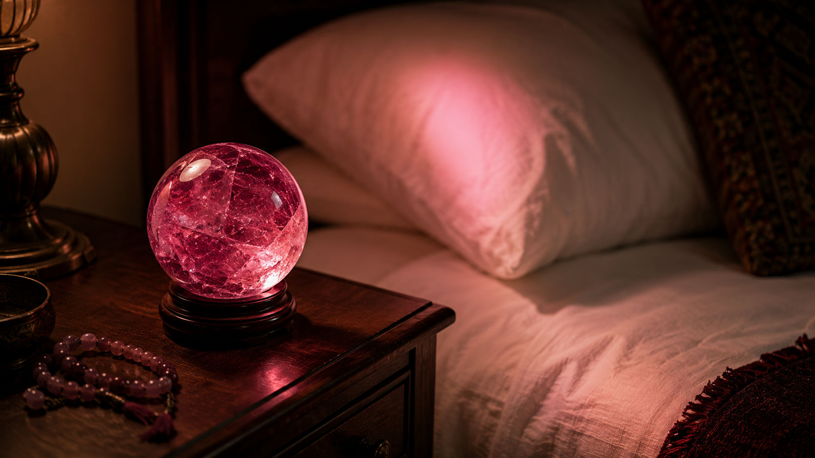 Esfera de Turmalina Rosa en el cuarto de huéspedes para aportar calidez y descanso armónico en Umbral Astral.