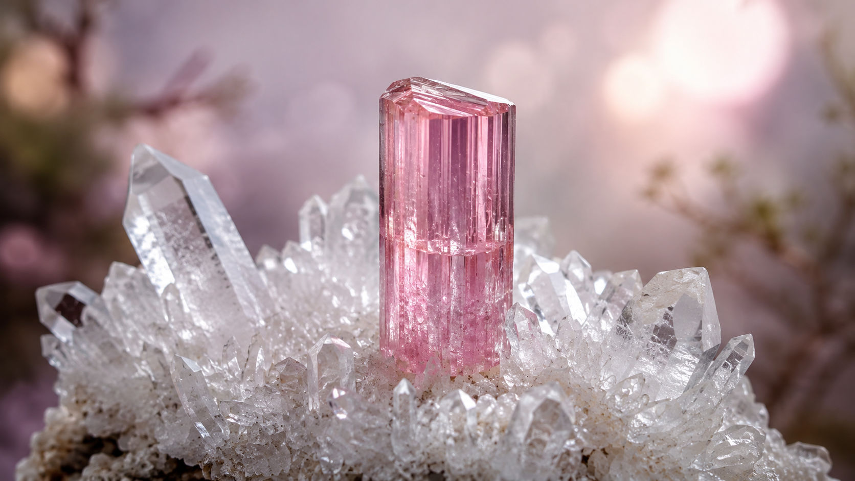 Deja que la Turmalina Rosa descanse sobre una cama de cristales transparentes para que limpien y carguen sus