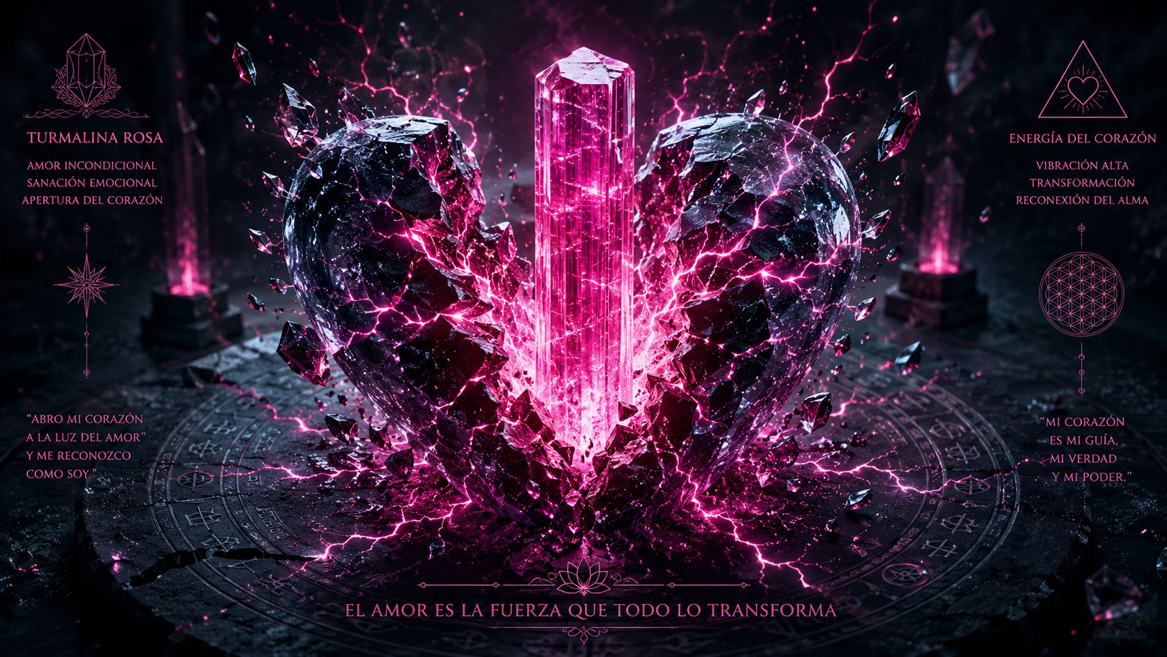 Cristal de Turmalina Rosa emitiendo energía magenta para disolver capas de hielo y restaurar la confianza.