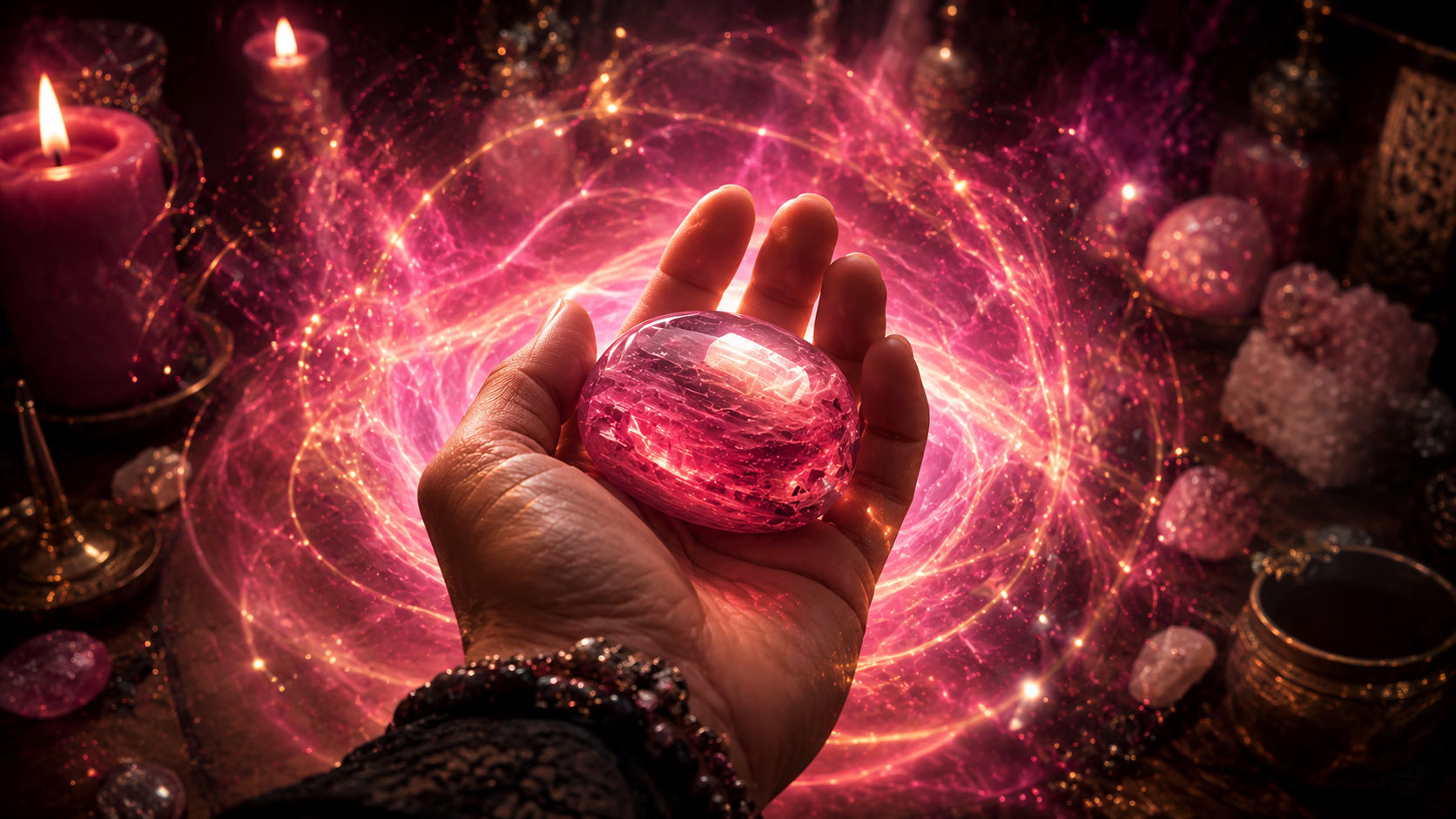 Piedra de Turmalina Rosa generando una onda de luz rosa y dorada para dinamizar el aura.