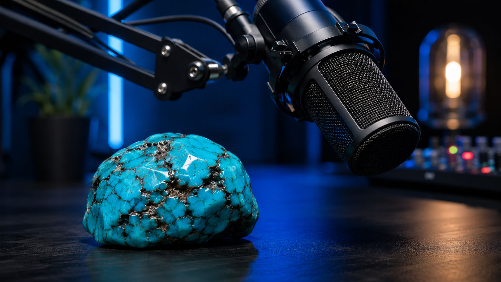 Piedra de Turquesa junto a un micrófono de grabación para aportar fluidez y autenticidad a la voz en Umbral Astral.