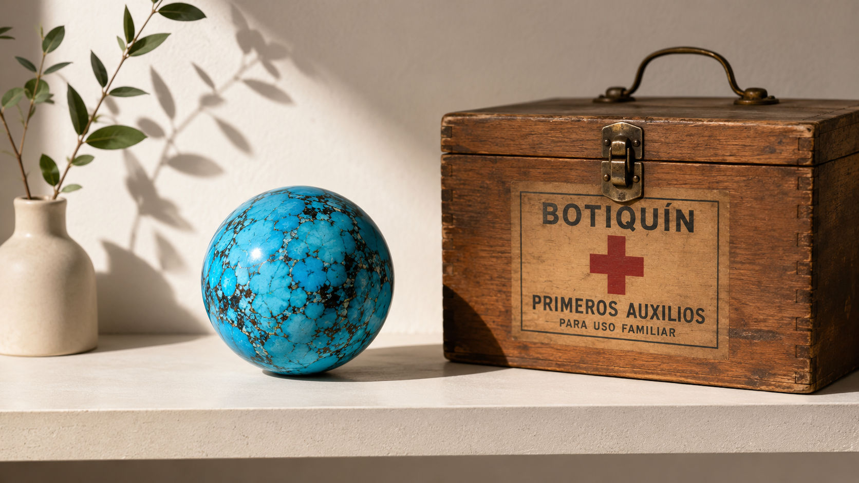 Esfera de Turquesa junto al botiquín del hogar para proyectar una energía de restauración y salud.
