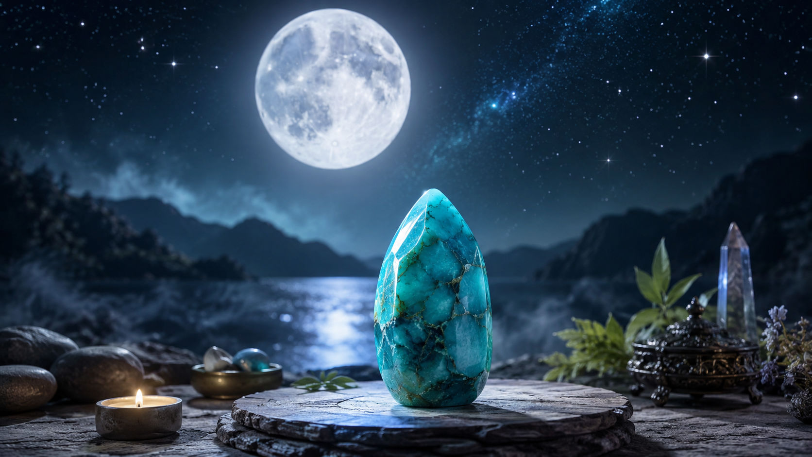 Expón la Turquesa al influjo plateado de la luna colocándola en una ventana o espacio exterior durante toda la noche. La medicina lunar filtrará luz suave y magnetismo puro en el centro del cristal, renovando sus dones de intuición.