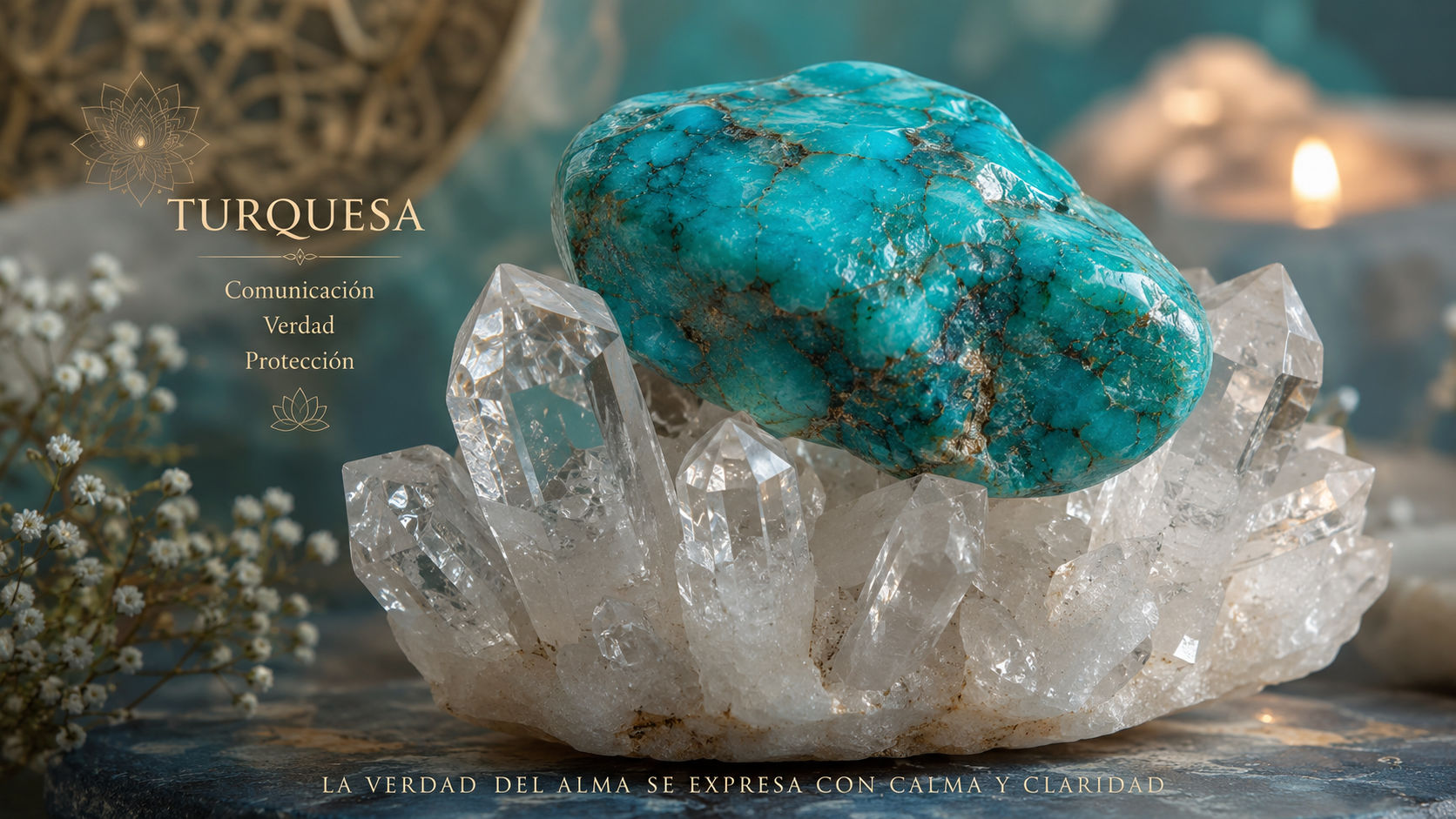 Deja reposar tu Turquesa encima de un grupo de cuarzos hialinos durante un ciclo solar completo. La pureza del cuarzo inyectará un torrente de luz cósmica y vitalidad renovada directamente en las vetas de la piedra.