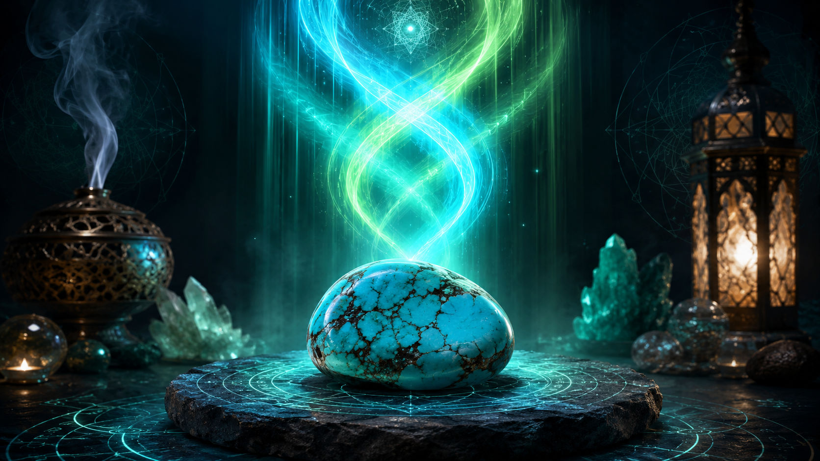 Piedra de Turquesa emitiendo luz cian y verde para unir la verdad del corazón con la palabra.