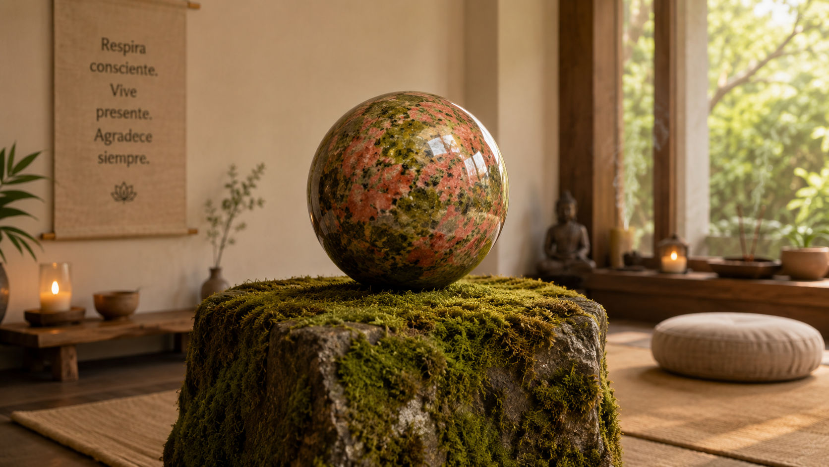 Esfera de Unakita en el rincón místico para centrar la mente y equilibrar el corazón.