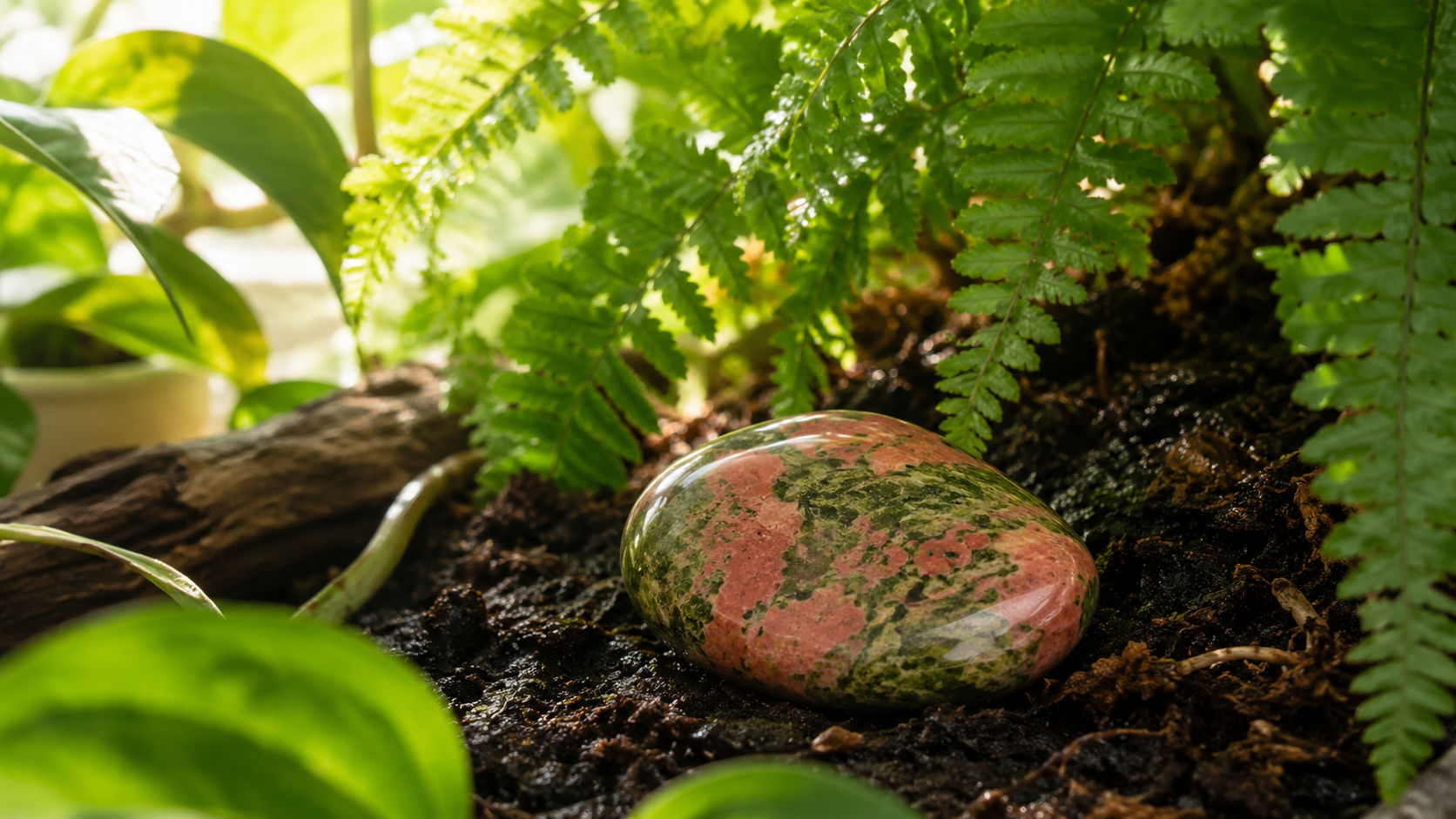 Piedra rodada de Unakita reposando en la tierra de una planta para nutrir la vida del hogar.