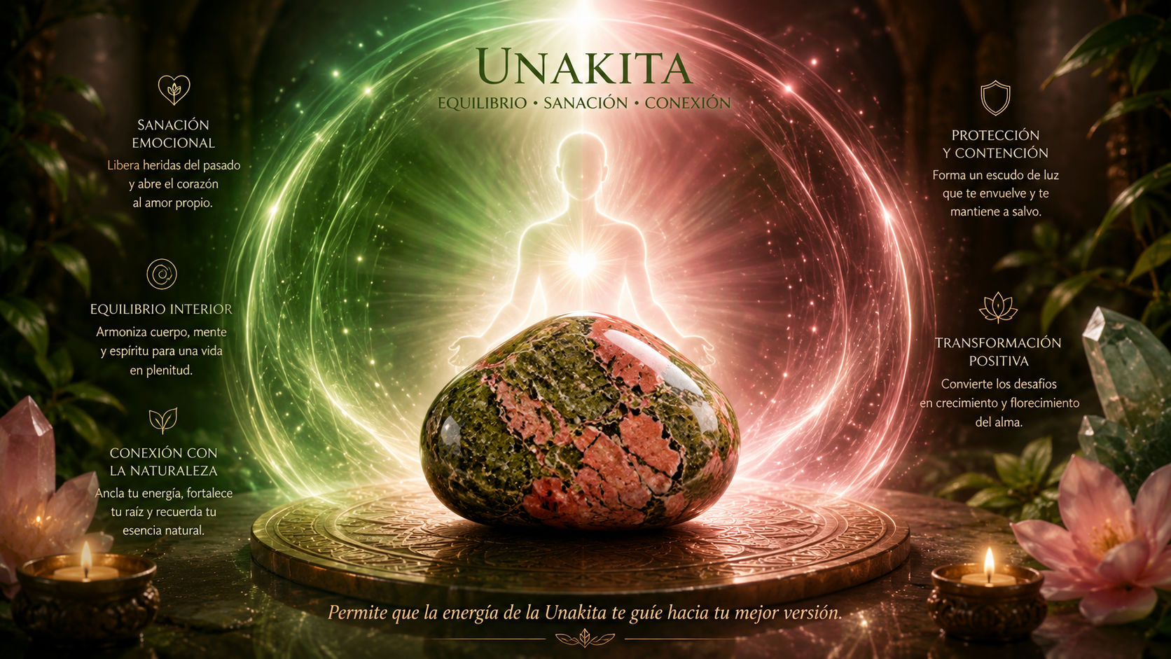 Piedra de Unakita envolviendo un espacio con luz verde y rosa para proteger la gestación y la maternidad.