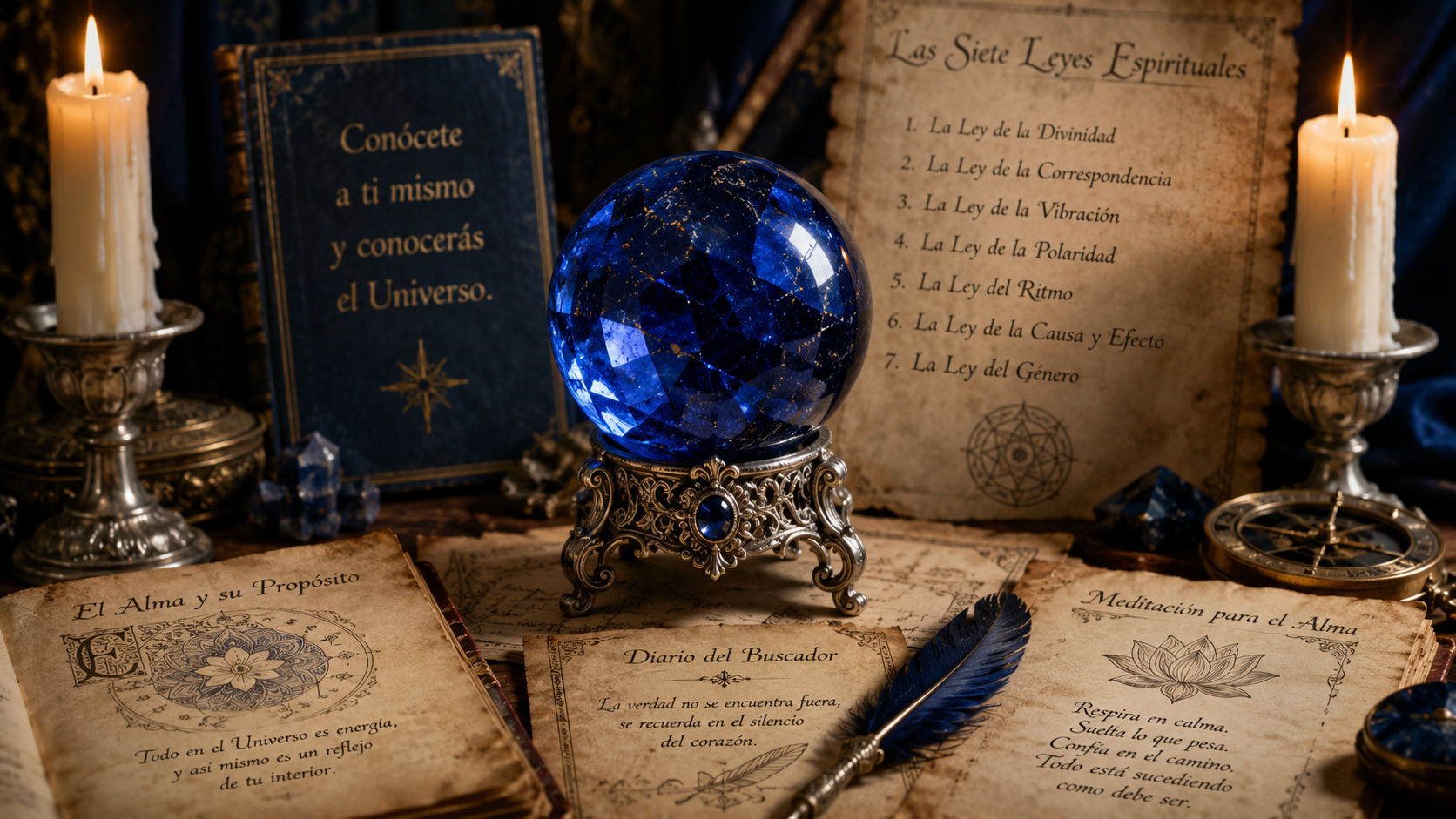 Esfera de Zafiro en el altar principal para sintonizar el espacio con las frecuencias del orden cósmico.