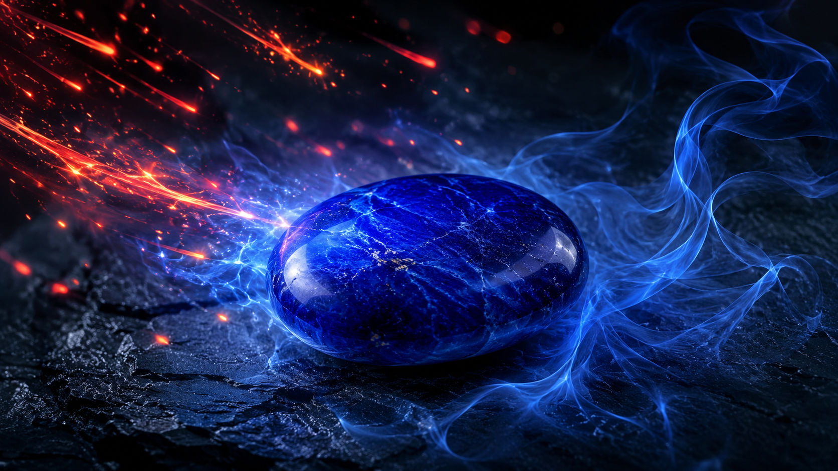 Piedra de Zafiro transformando chispas de ira en una bruma azul de paz y autodominio.