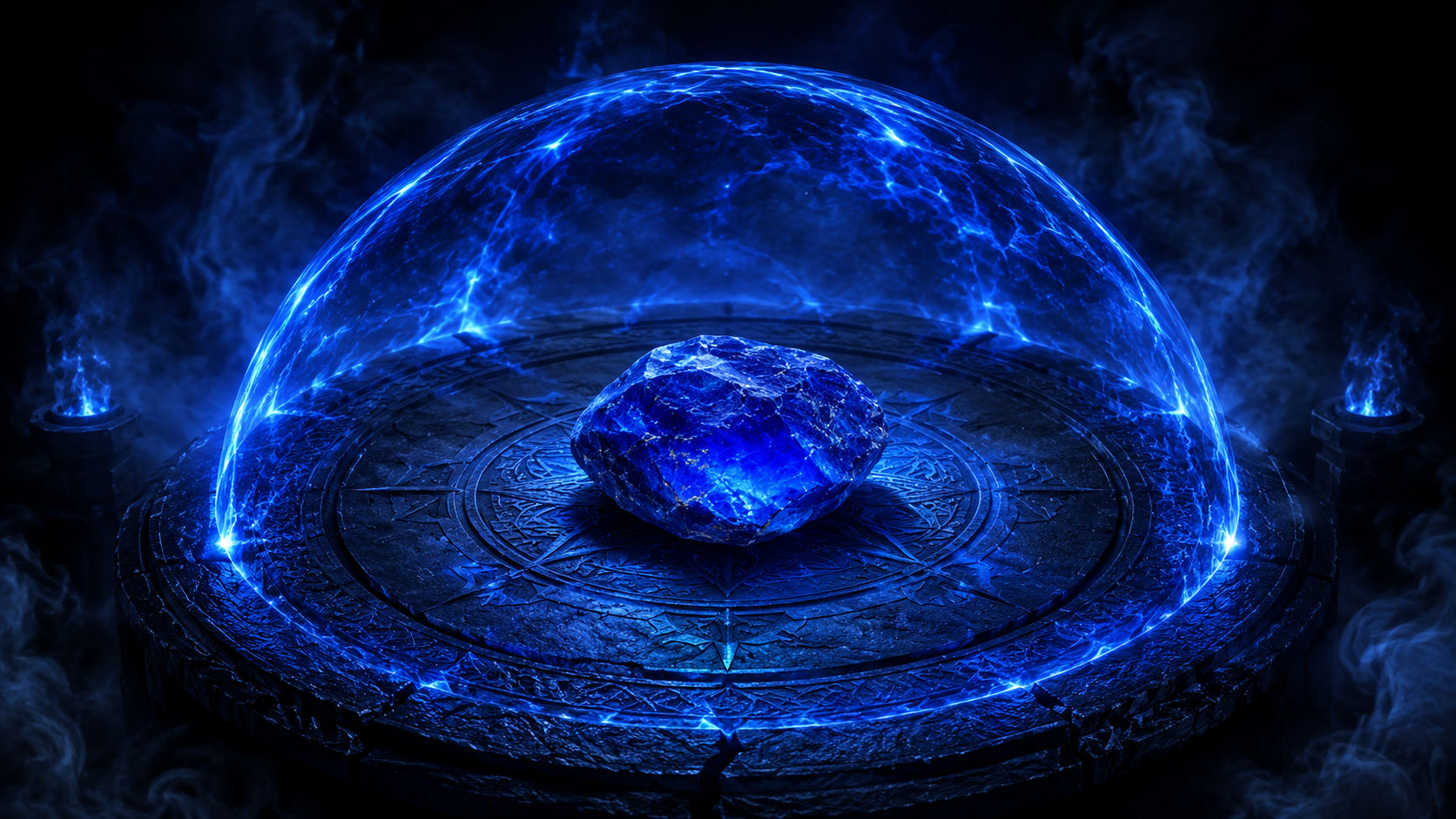 Especimen en bruto de Zafiro proyectando un domo de luz cobalto para blindar y consagrar el altar.